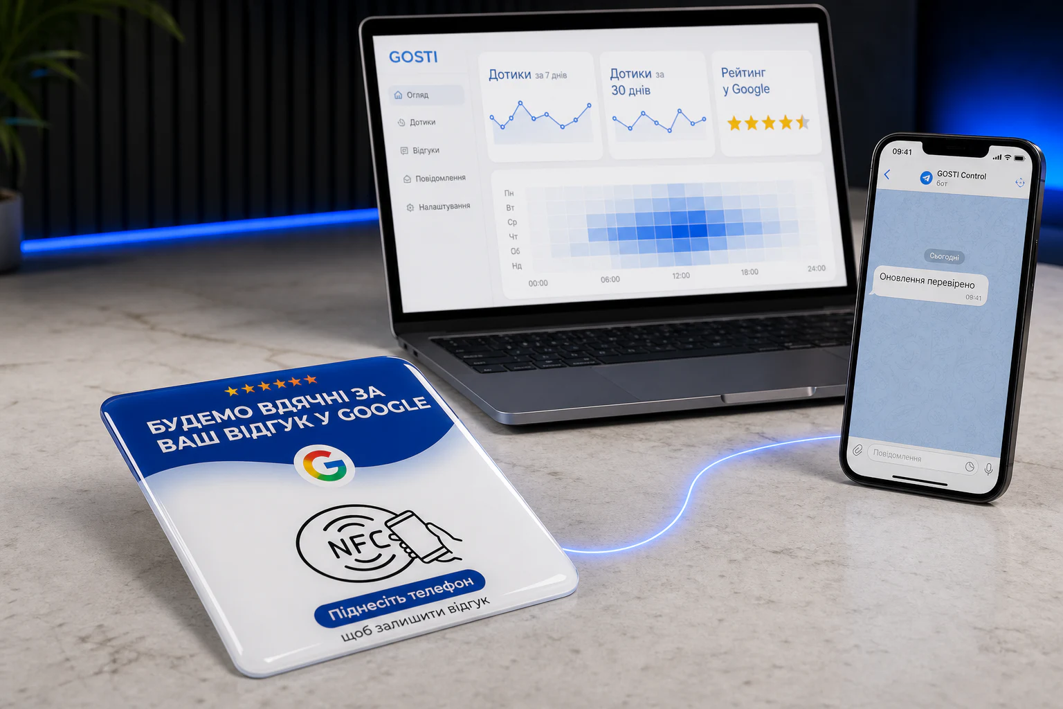 NFC-табличка GOSTI Control для відгуків: синє поле з написом про відгук у Google, глянцева смола й телефон поруч